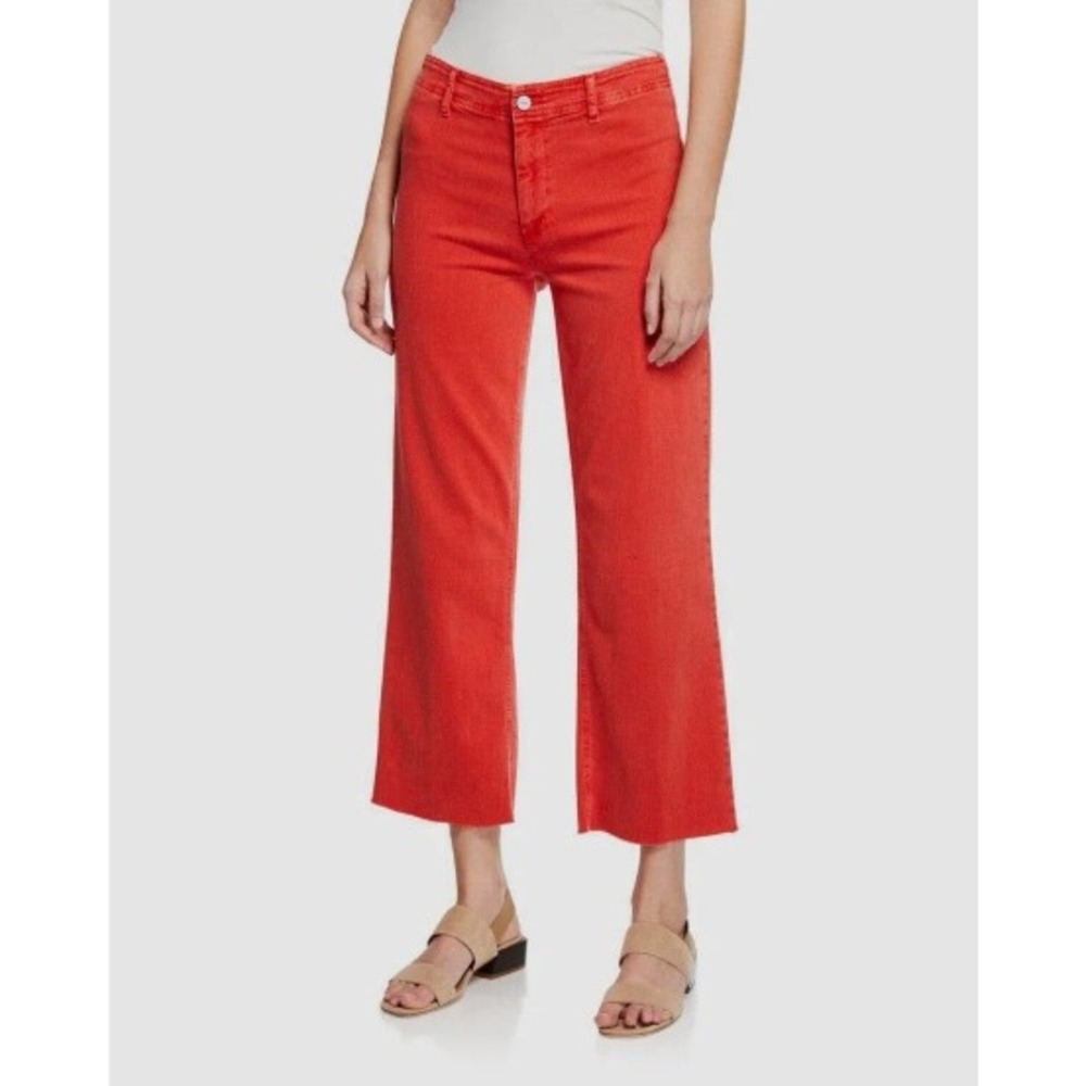 PAIGE Jeans Relaxed Rory Crop Racing Rose Red Raw Hem Stretch Womens Size 29 - Picture 1 of 10